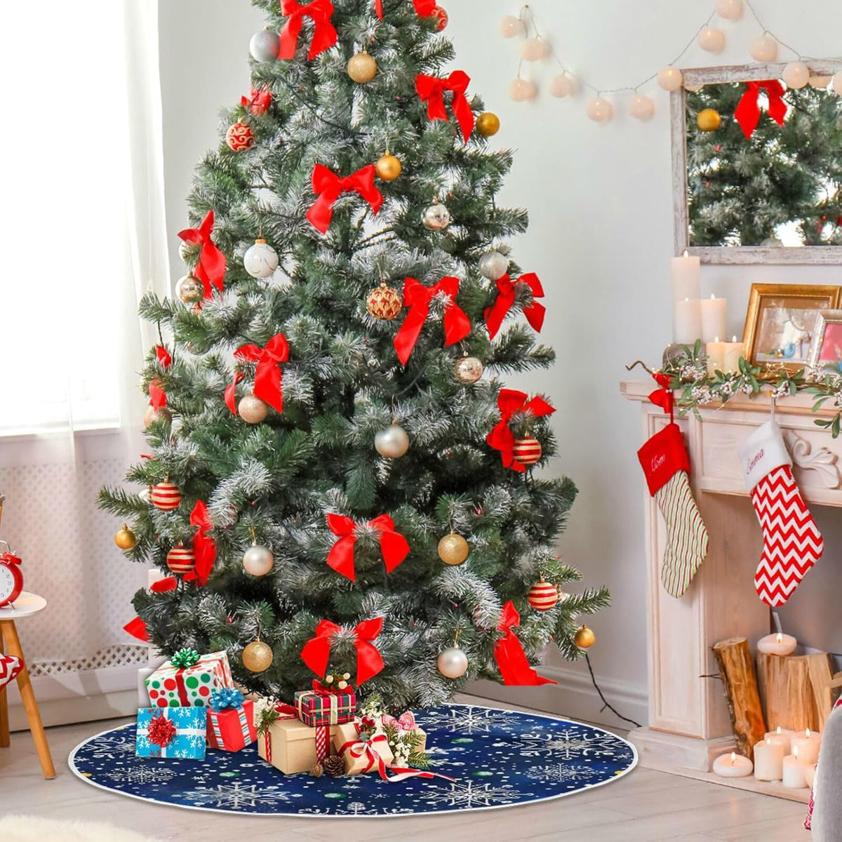Christmas Tree Skirt, 48 Inch White Snowflakes Blue Background Xmas Tree Skirt for Christmas New