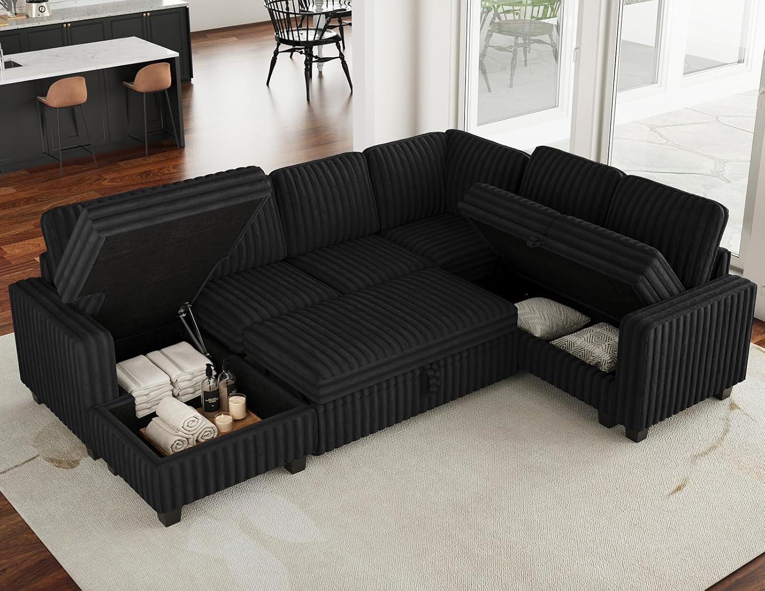 Belffin Corduroy Sleeper Sofa Bed with Storage Chaise Modular Sectional Sofa Couch with Pull Out