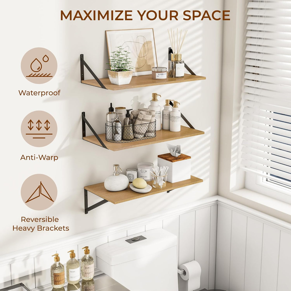 Heimlove 24" W x 12" D Wall Shelves for Books, 12 Inch Deep Floating Shelves Set of 3, Wide