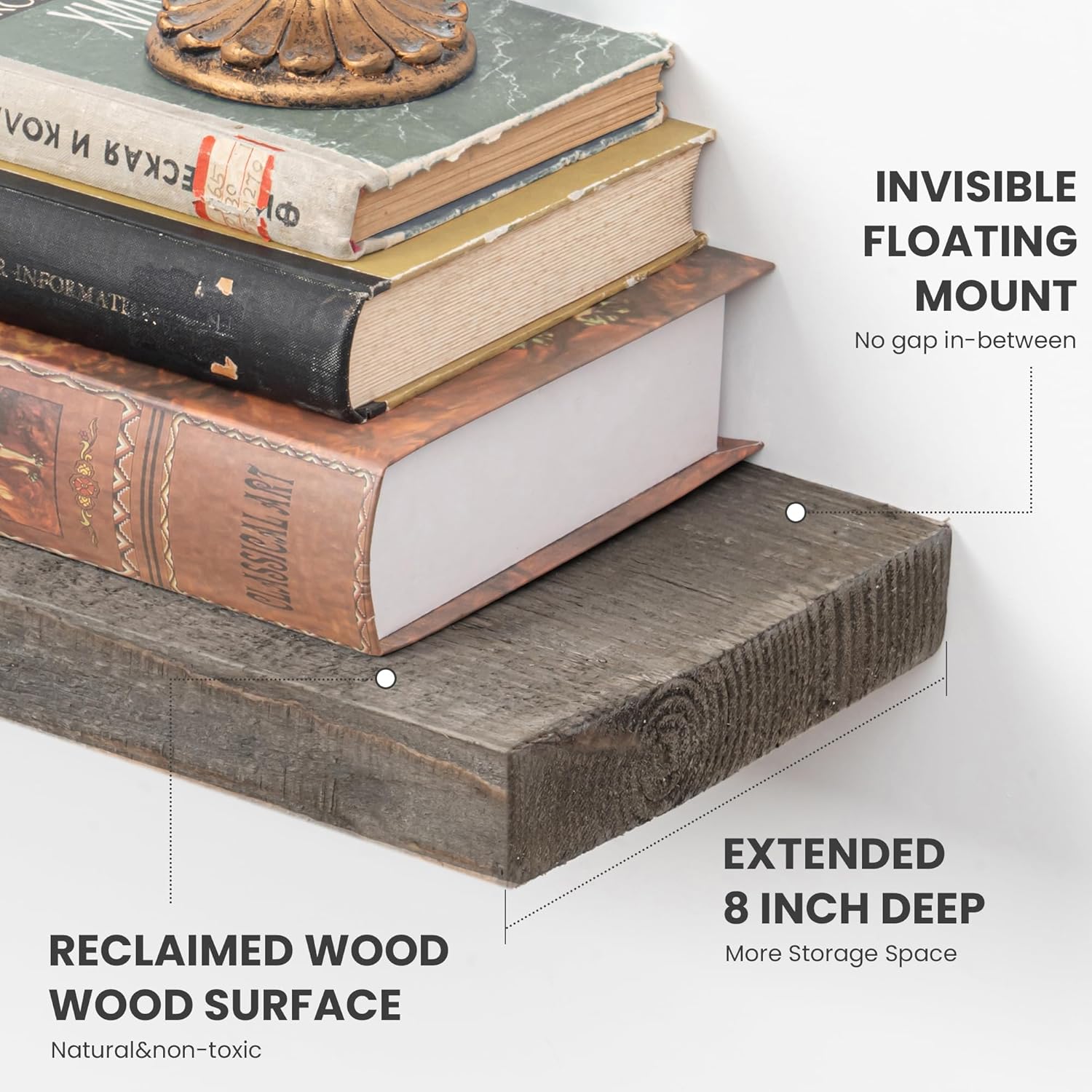 Floating Shelves Reclaimed Barnwood, 8" Deep Solid Wood Floating Shelf Wall Hanging Shelves with