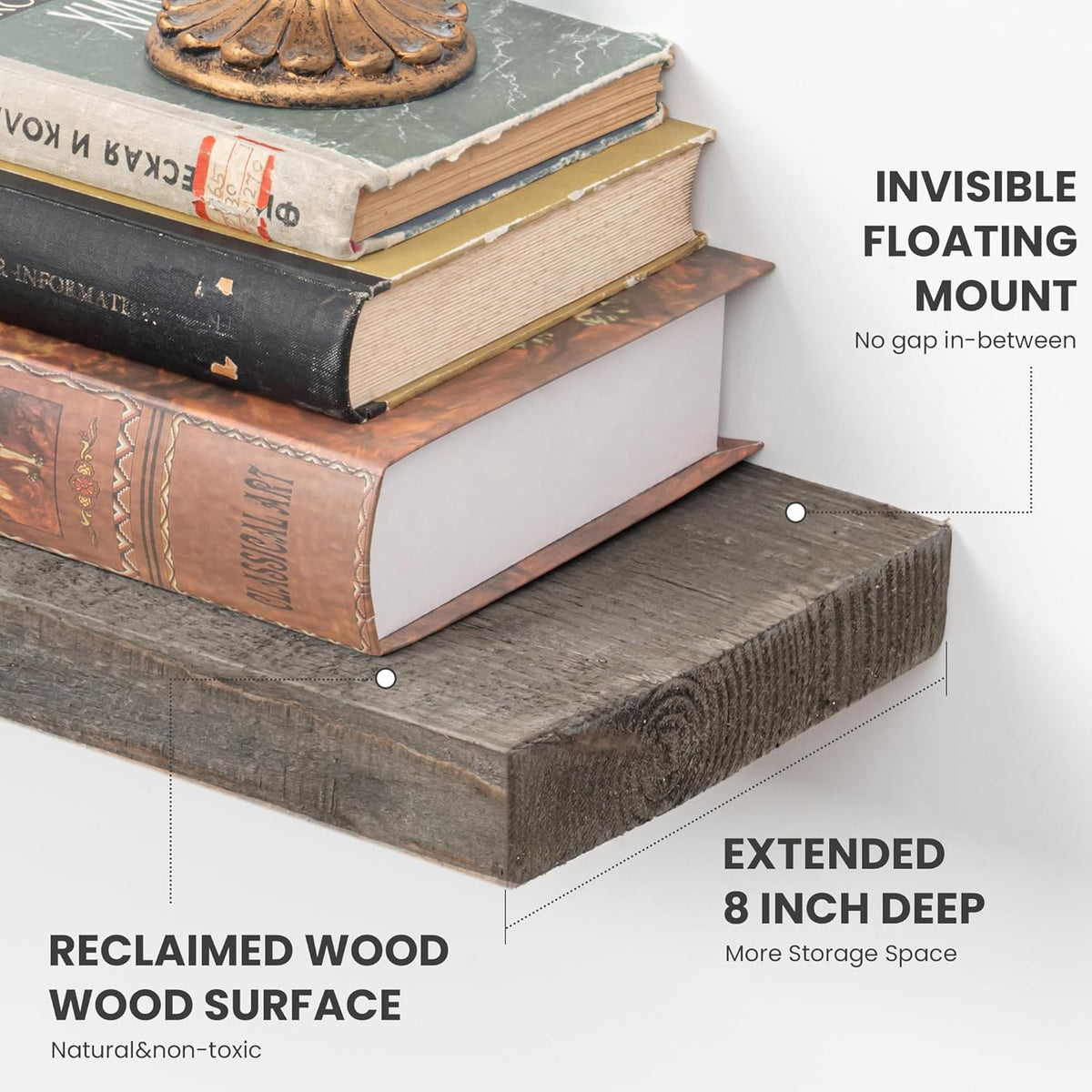 Floating Shelves, 8 Inch Deep Rustic Solid Reclaimed Wood Wall Shelves for Storage, Wall Mounted