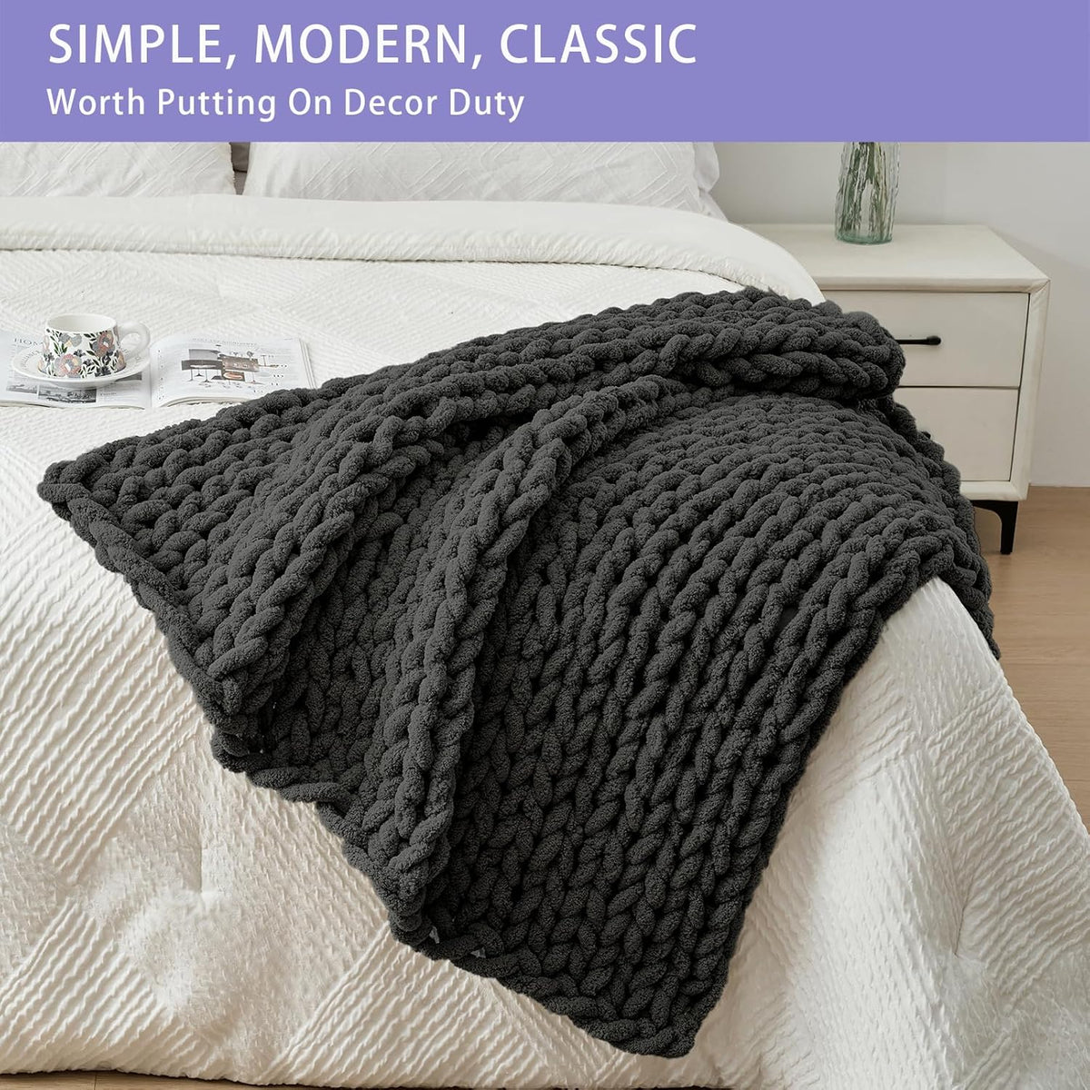 Bigacogo Chunky Knit Throw Blanket for Couch, 40x40 inches, 100% Hand Knitted with Thick Jumbo
