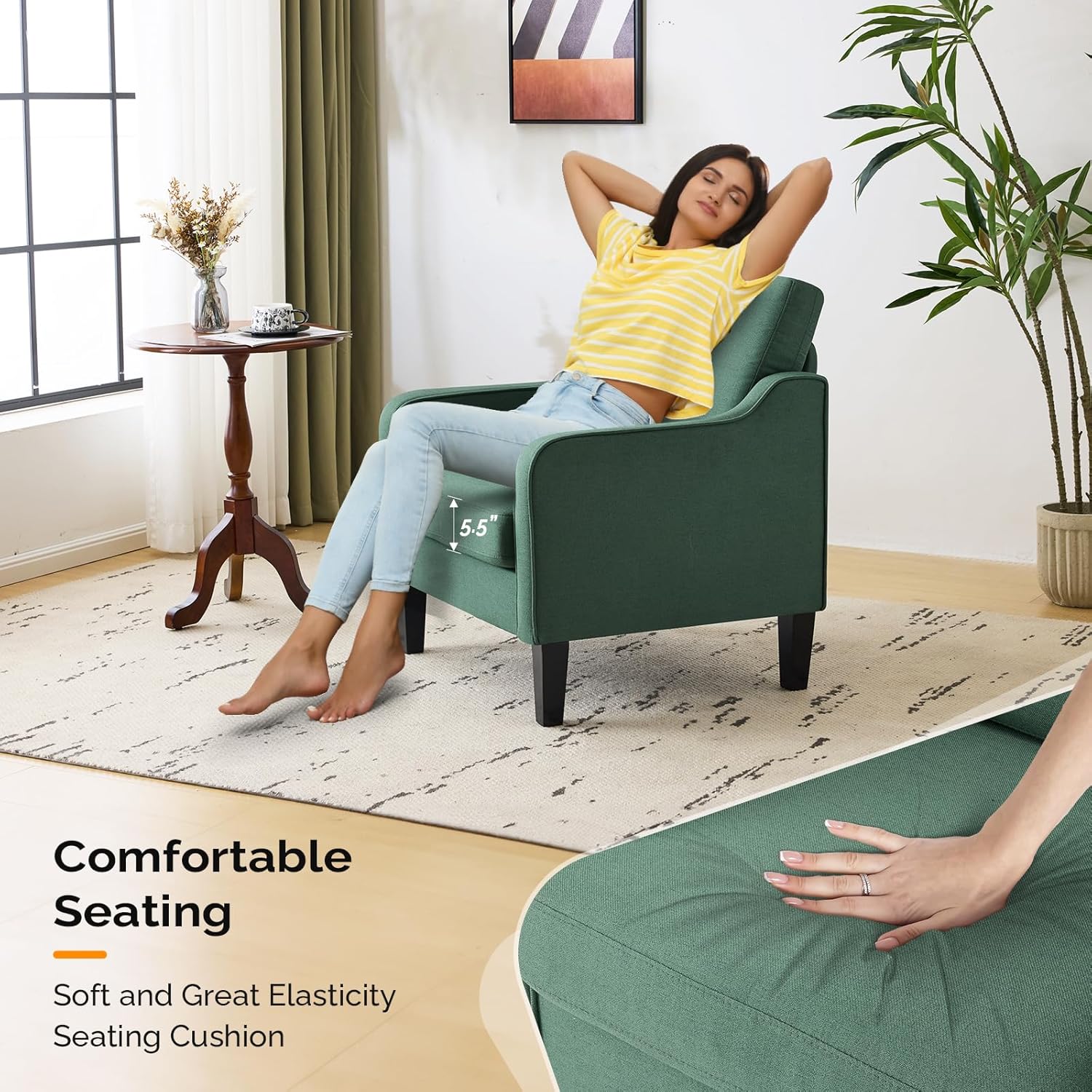 VINGLI Accent Chair for Living Room Chairs Dark Green Reading Chair for Bedroom Scooped Arm Chair