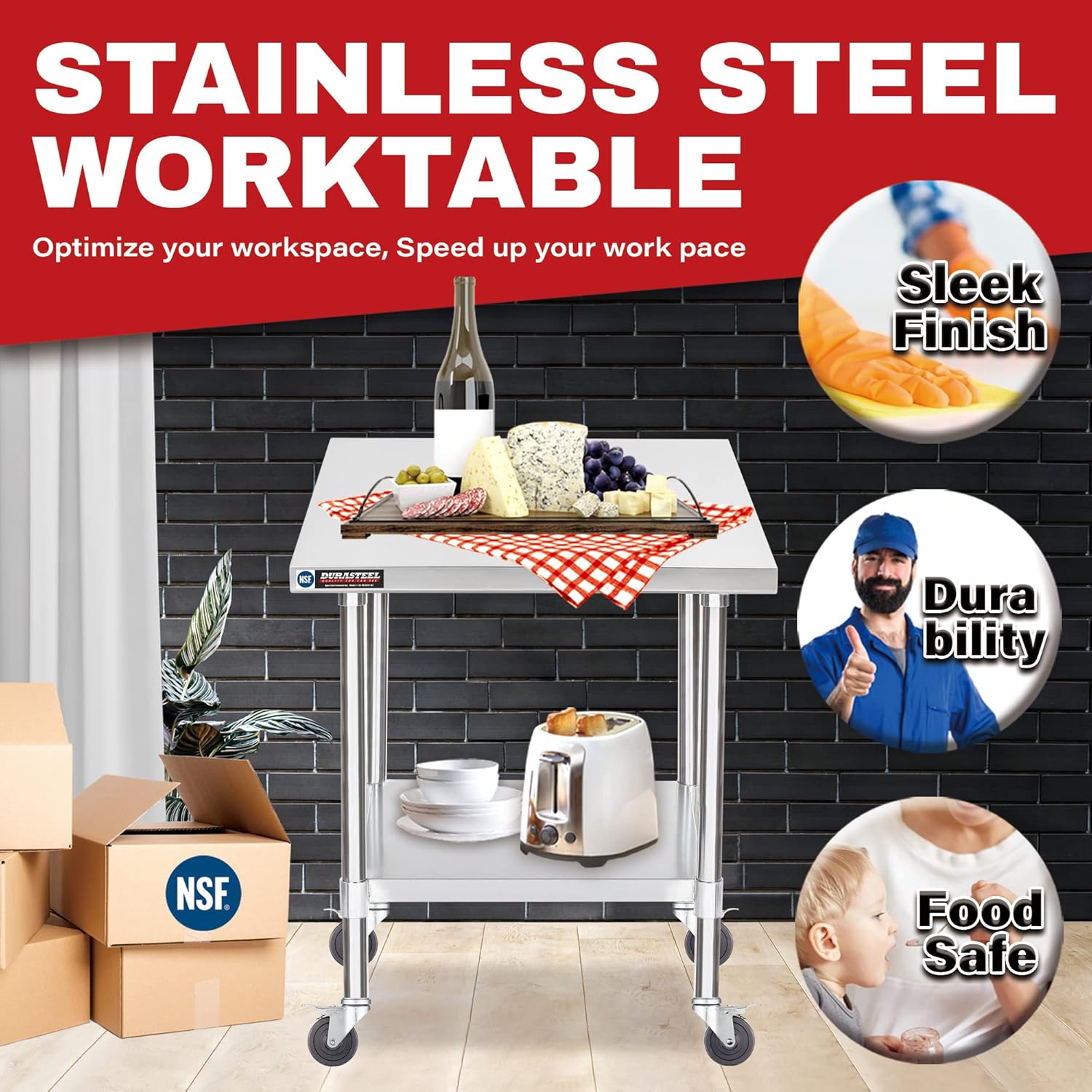 DuraSteel 30x30 NSF Stainless Steel Cart - Heavy Duty Rolling Food Prep Table with Undershelf