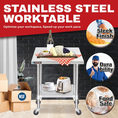 DuraSteel 30x30 NSF Stainless Steel Cart - Heavy Duty Rolling Food Prep Table with Undershelf