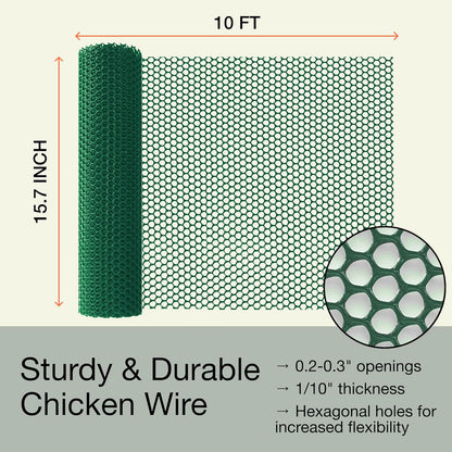 MaPorch Plastic Wire Mesh Fence - Green, 15.71" x 10 ft, 2 Pack - Plastic Chicken Wire Fencing for
