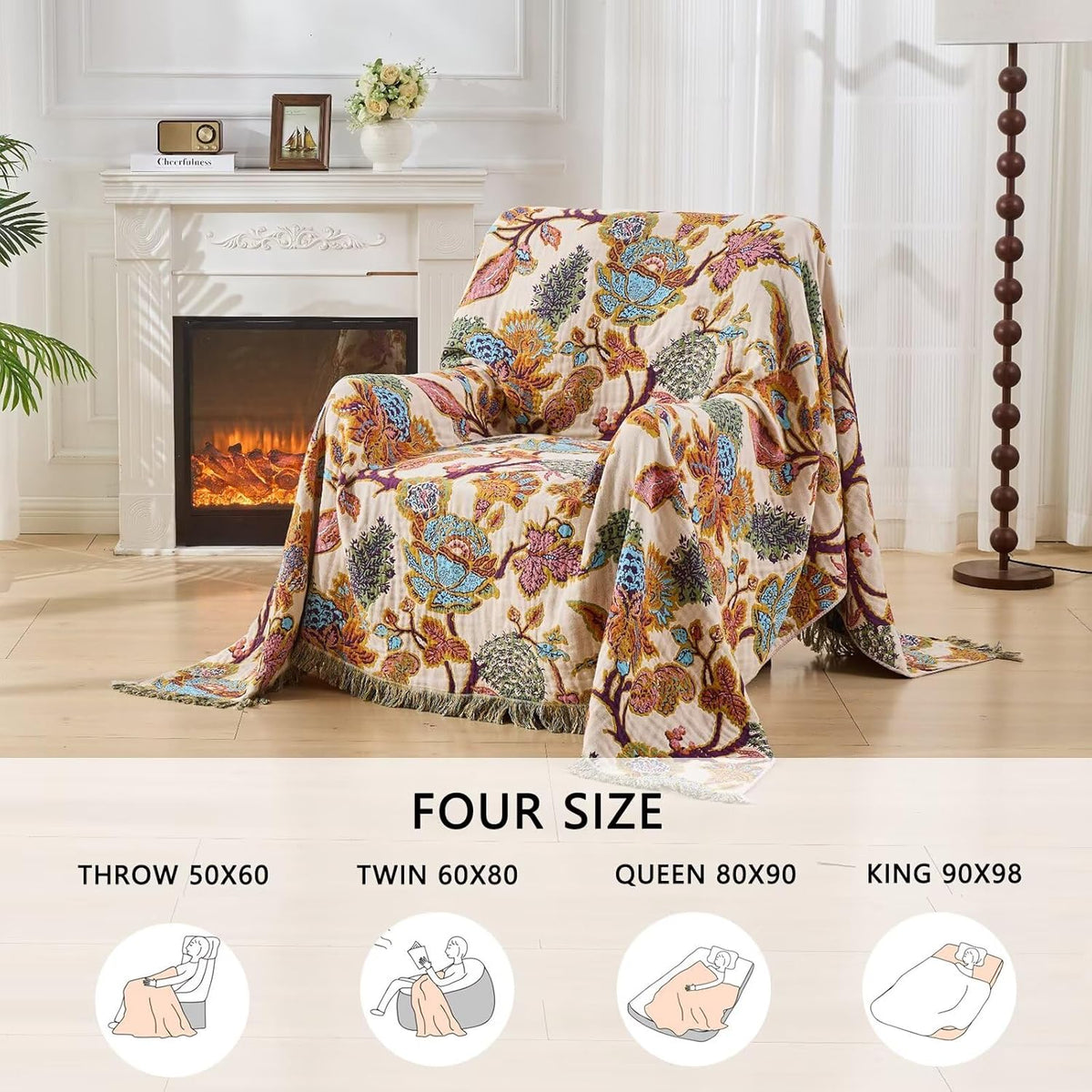 100% Muslin Throw Blanket for Couch, Butterfly and Floral Double Embroidery Fall Throw Blanket