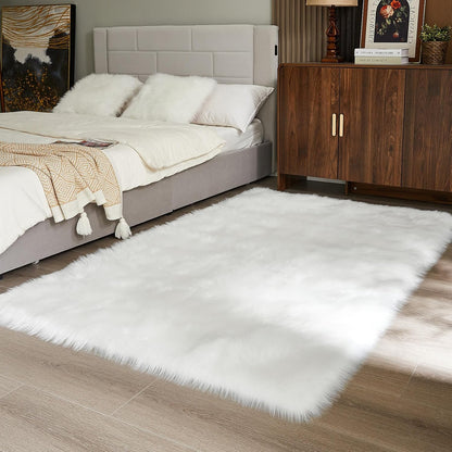 AMTOVO Faux Fur Sheepskin Rug for Living Room, 4 x 6 ft White Fluffy Area Rug for Bedroom