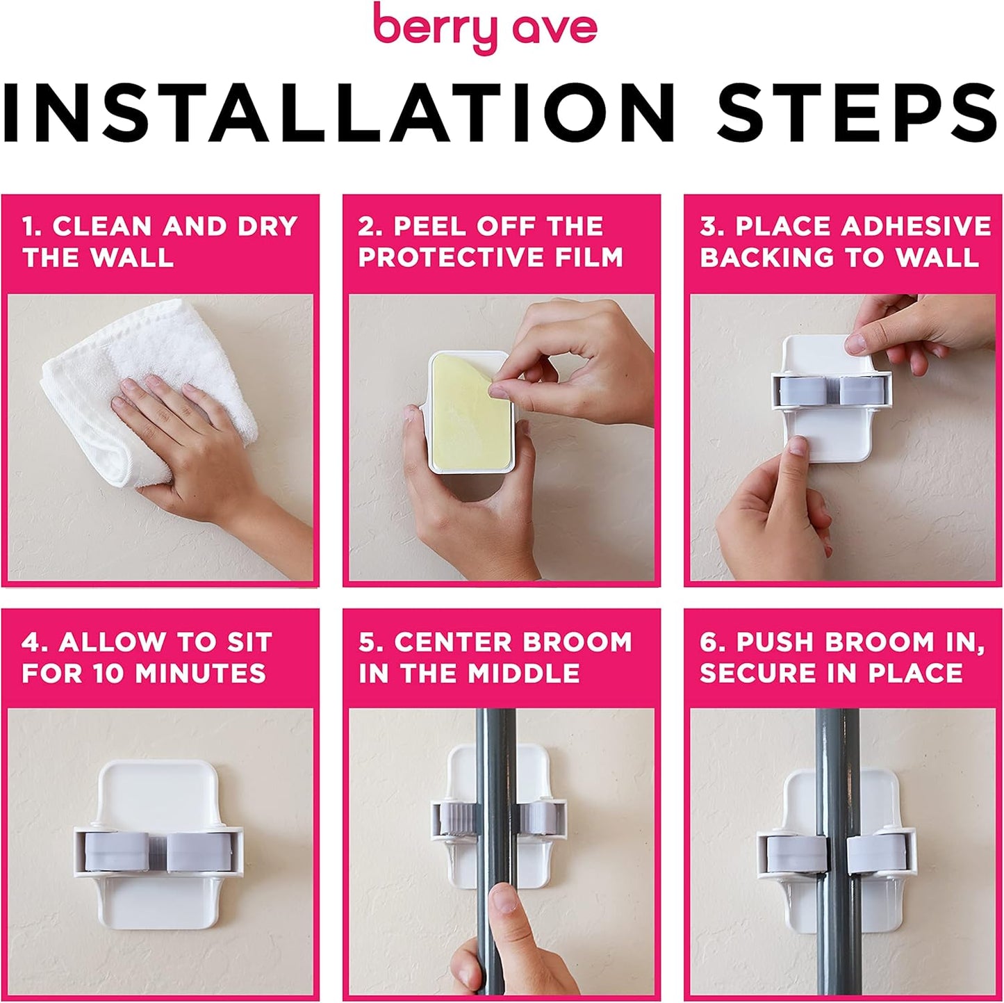 Combo 5 Slot Broom Holder w/ 1 Self Adhesive Mop Gripper No-Drilling, Wall Mount Tool Organizers