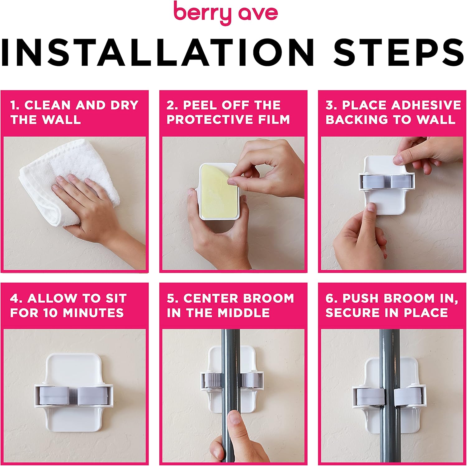 Combo 5 Slot Broom Holder w/ 1 Self Adhesive Mop Gripper No-Drilling, Wall Mount Tool Organizers