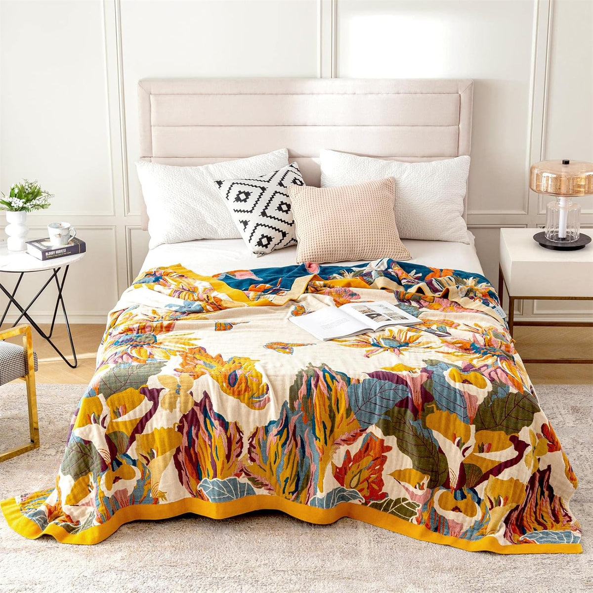 MSGKV Boho Throw Blanket 60''x80'',100% Cotton Blankets for Couch Bed,Cotton Quilt Travel Muslin