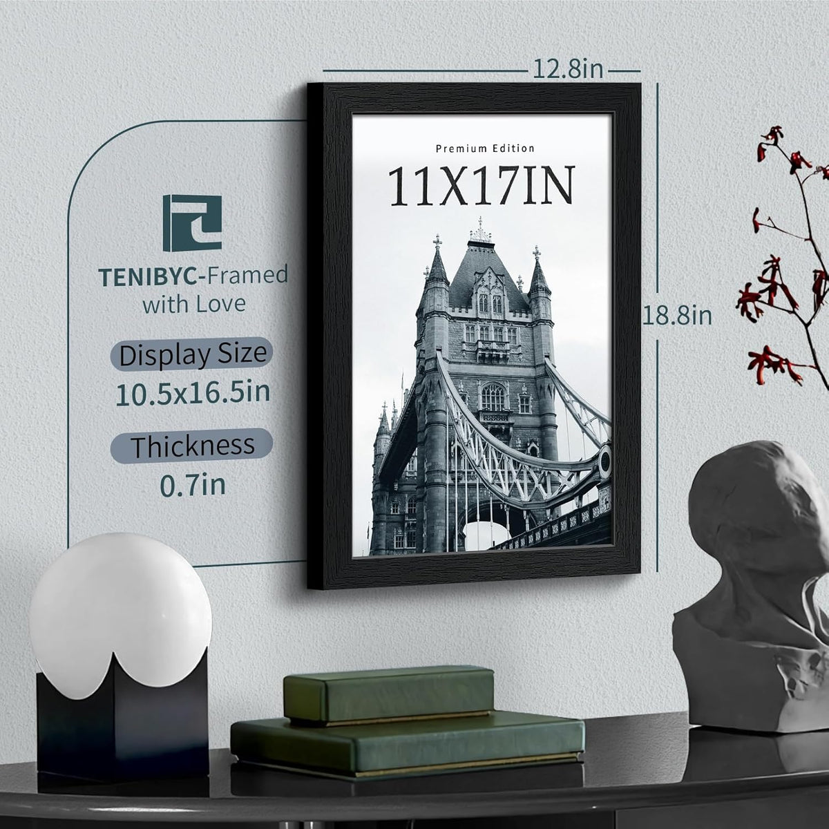 11x17 Picture Frame 3 Pack - Black Woodgrain, Solid Wood & HD Tempered Glass, Wall Gallery Poster