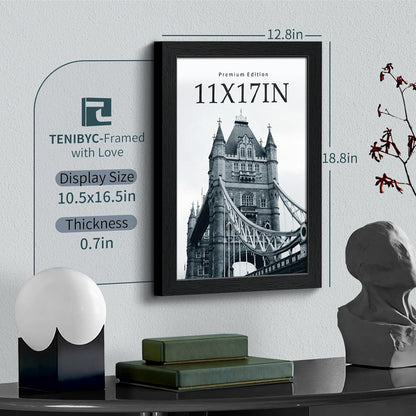 11x17 Picture Frame 3 Pack - Black Woodgrain, Solid Wood & HD Tempered Glass, Wall Gallery Poster