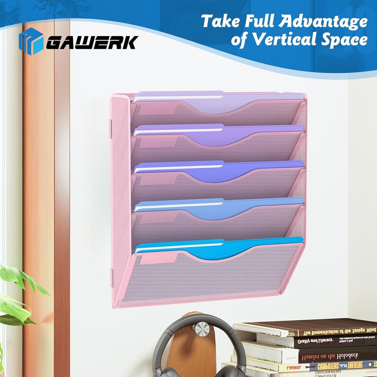 5 Tier Hanging Wall File Organizer, Mesh Mail Paper Orgnization Hanging File Folder Holder for Home