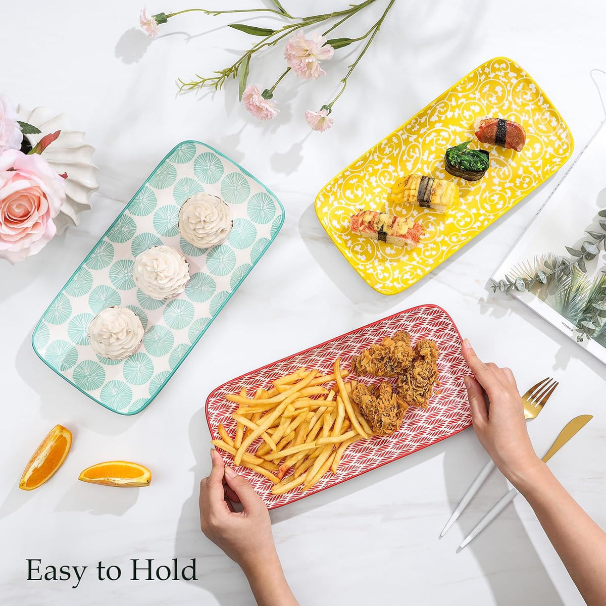 Selamica Ceramic Rectangular Serving Platters Set of 4, 12 Inch Serving Trays/Dishes for Party