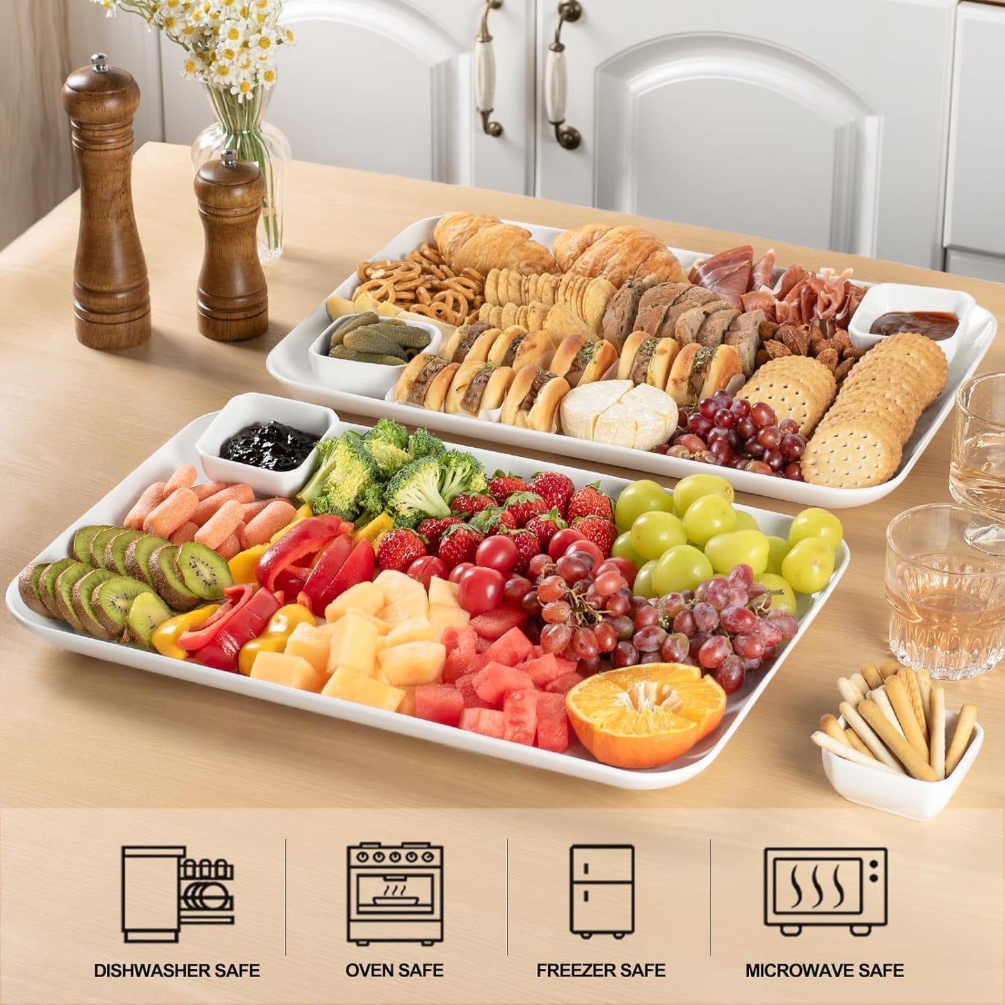 DELLING Large Serving Platter, 18" x 12.3" Serving Tray-Set of 2, White Platters for Serving Food