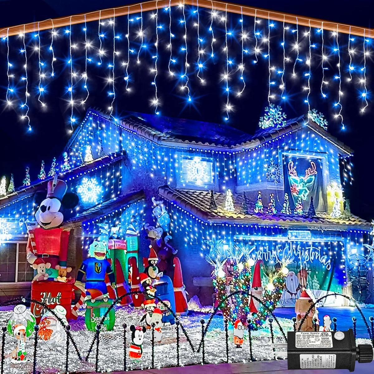 66ft Icicle Lights for Outside, Blue and White Christmas Lights Outdoor Indoor, 640 LED Twinkle
