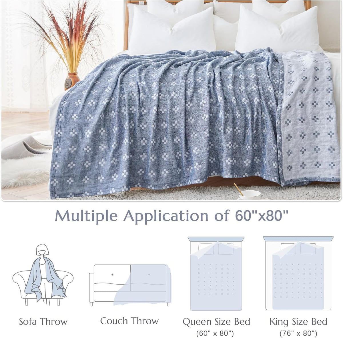 jinchan Boho 100% Cotton Blanket Muslin Lightweight Twin Size Quilted Throw Blanket for Couch Soft