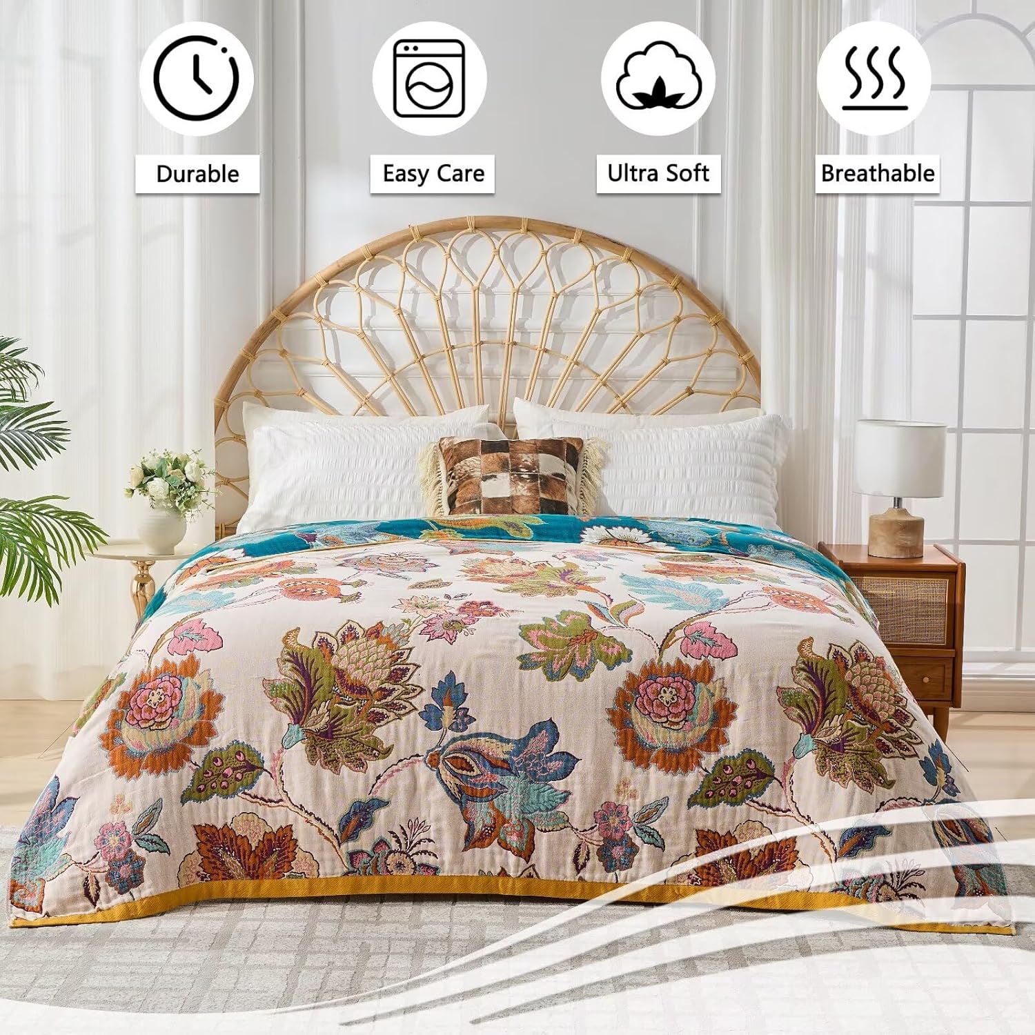 Boho Throw Blanket for Bed Couch 100% Cotton Woven Bed Throws for Summer, Lightweight and Soft Cozy