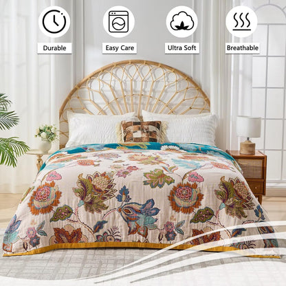 Boho Throw Blanket for Bed Couch 100% Cotton Woven Bed Throws for Summer, Lightweight and Soft Cozy