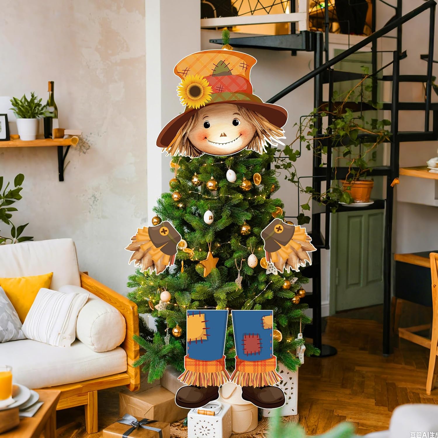 Scarecrow Fall Tree Topper Autumn Harvest Farmhouse Decorative Tree Treetops Head Hands and Legs