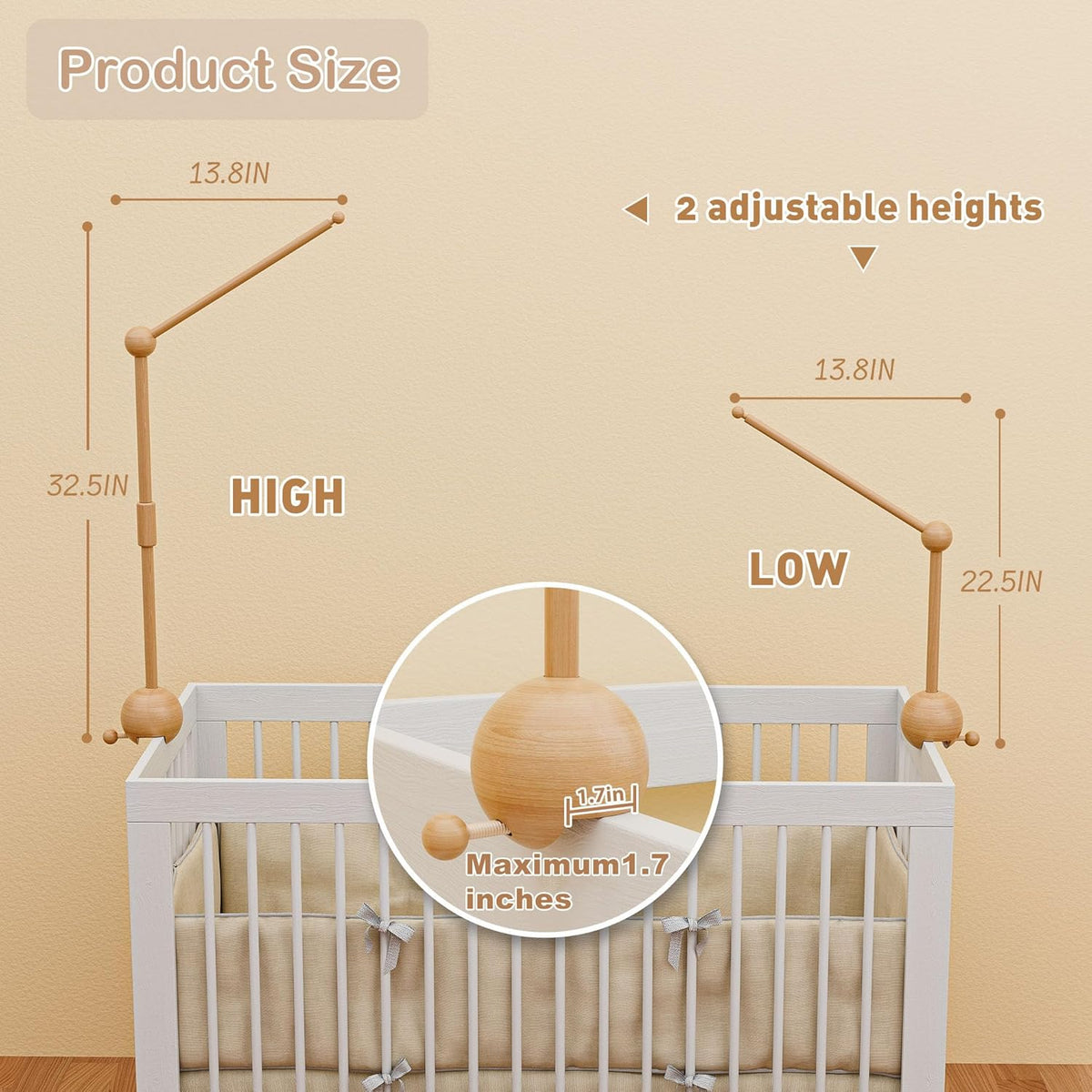 Baby Crib Mobile Arm,32.5 Inch Crib Mobile Stand,Wooden Mobile Arm for Crib（2 Modes