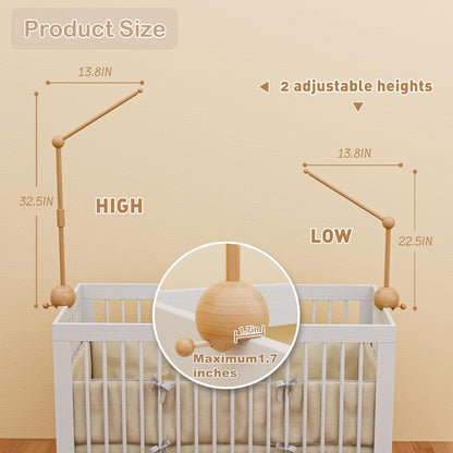 Baby Crib Mobile Arm,32.5 Inch Crib Mobile Stand,Wooden Mobile Arm for Crib（2 Modes