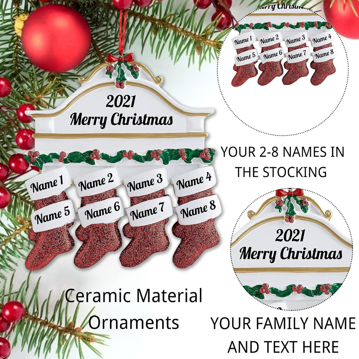 Amlion Personalized Ceramic Christmas Stocking Ornaments, Family of 2-8, Custom Names, Traditional