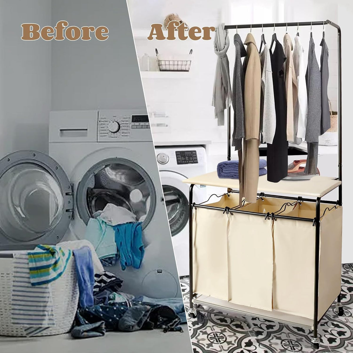 MYOYAY 3 Section Laundry Sorter with Garment Hanging Bar Rack Foldable Ironing Board, Laundry