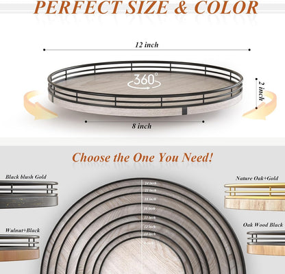 12" Farmhouse Lazy Susan for Kitchen & Coffee Table Decor – Rustic Wood Tray with Black Metal