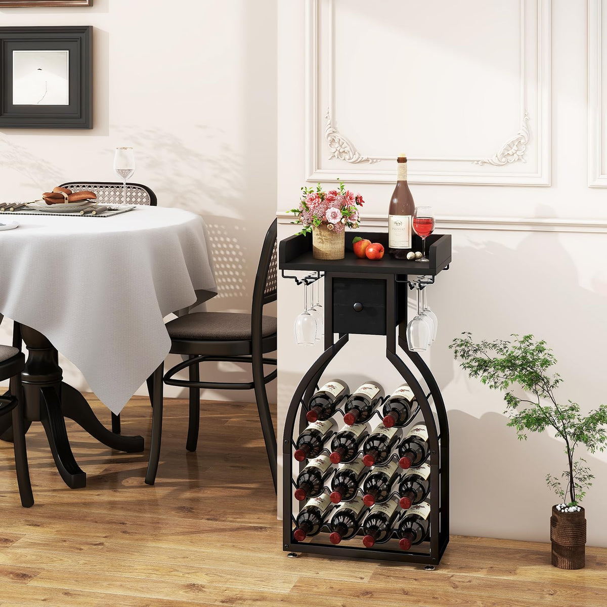 IBUYKE Wine Rack Freestanding Floor,Wine Storage 15 Bottles Bottle Rack with Glass Holders, Mini
