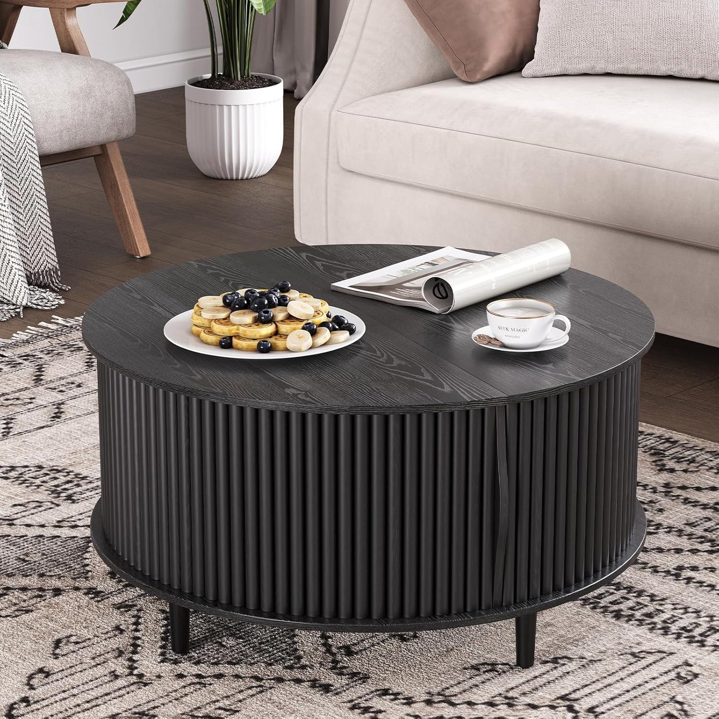 Round Coffee Table with Storage,Mid Century Modern Dining Table with Sliding Cabinet Door for