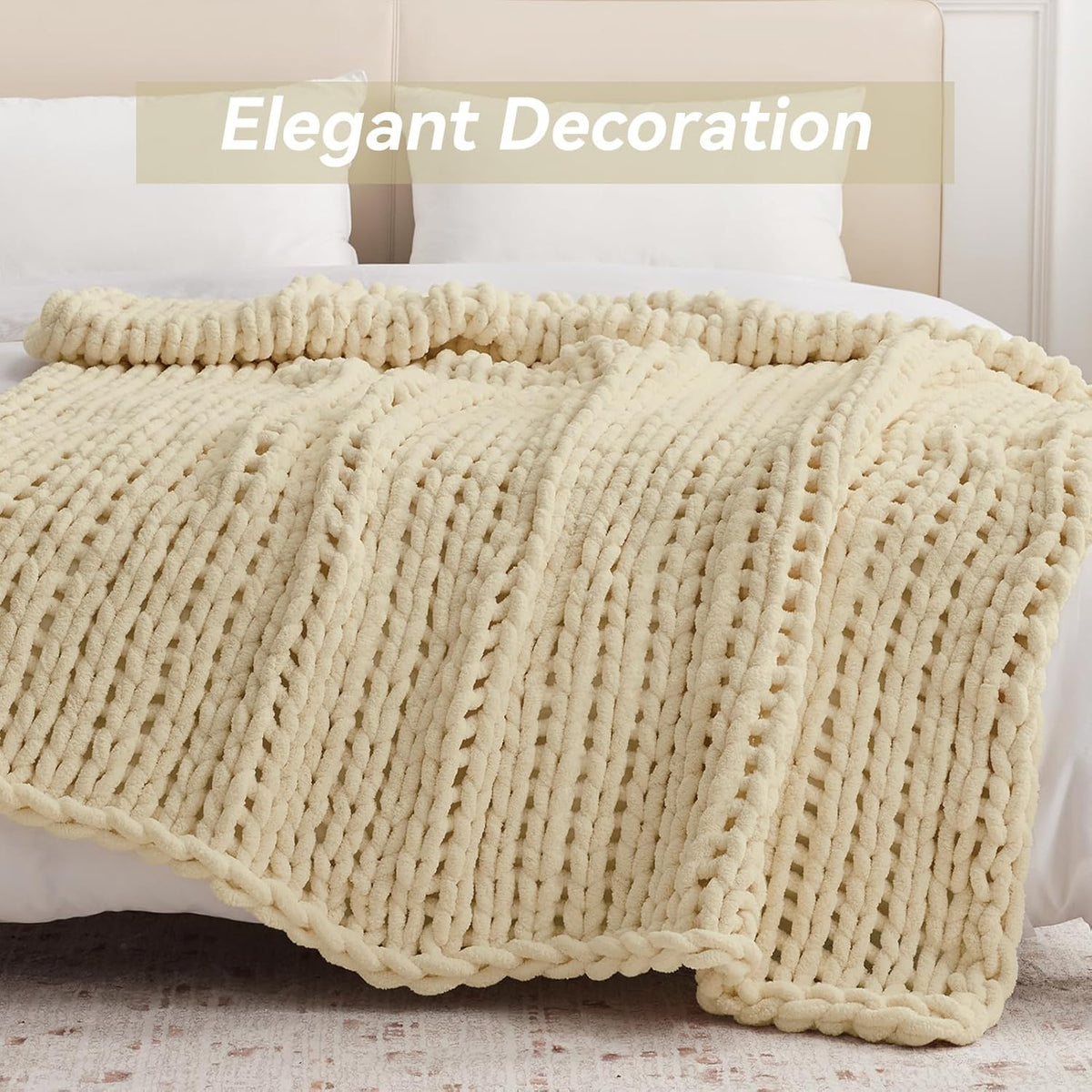 Chunky Knit Throw Blanket, 30''*40'' Knitted Throw Chenille Yarn for Bed Couch, Handmade Oatmeal