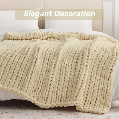 Chunky Knit Throw Blanket, 30''*40'' Knitted Throw Chenille Yarn for Bed Couch, Handmade Oatmeal