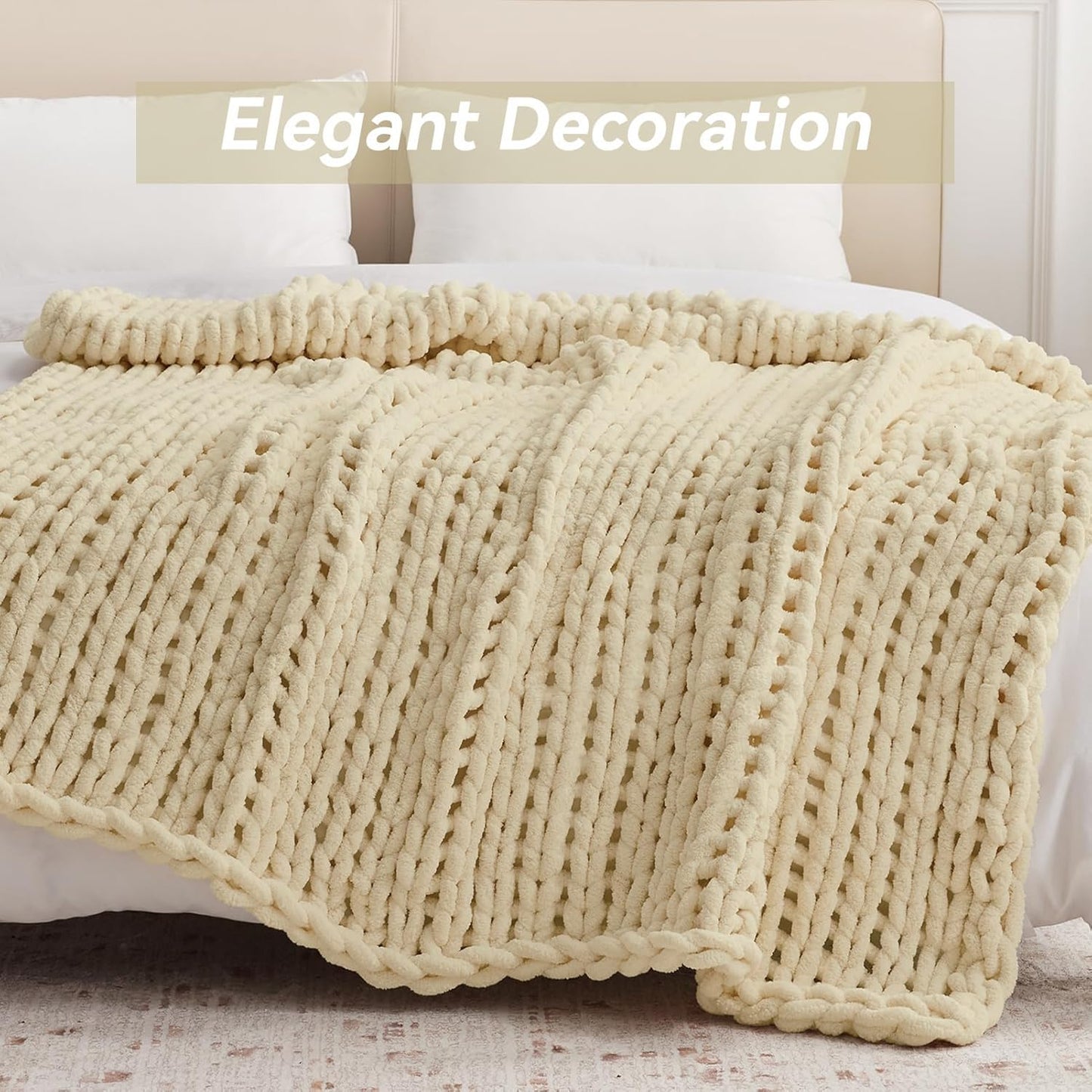 Chunky Knit Throw Blanket, 40''*50'' Knitted Throw Chenille Yarn for Bed Couch, Handmade Oatmeal