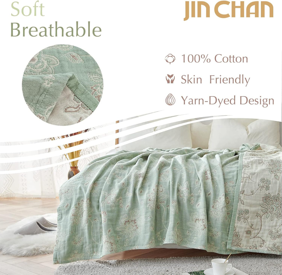 jinchan Boho 100% Cotton Muslin Queen Size 80x90 Inches Blanket Lightweight 4-Layer Quilted Soft