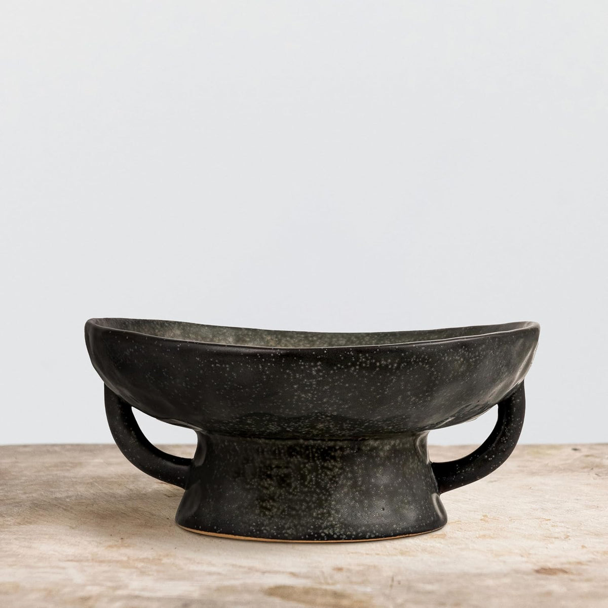 Creative Co-Op Stoneware Footed Pedestal/Bowl with Handles, Reactive Glaze, Black