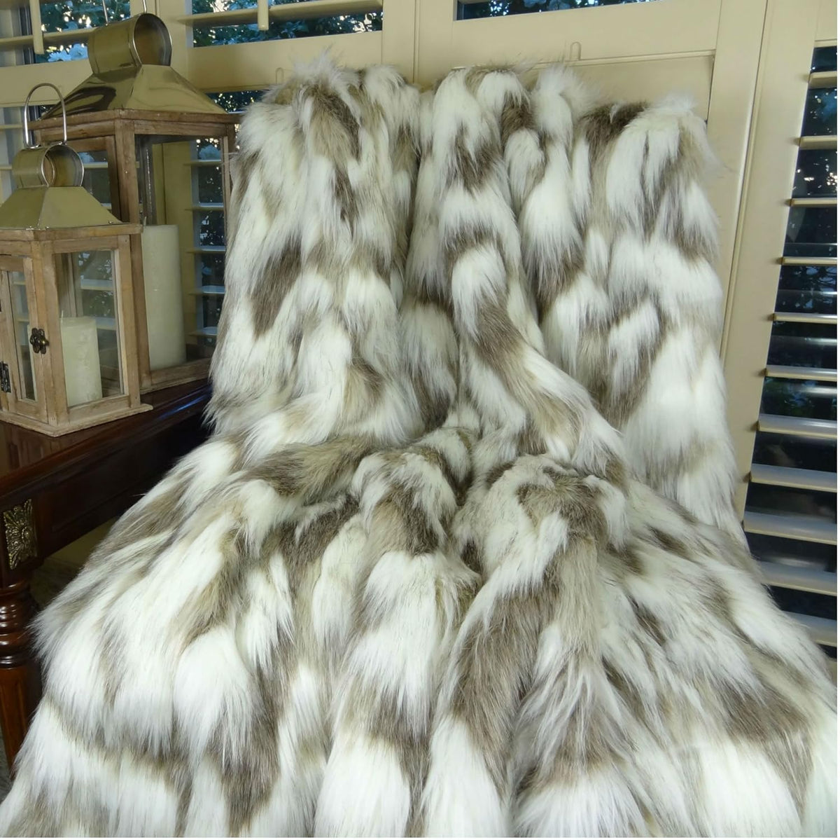 Ivory Faux Fur Throw Blanket & Bedspread - Tibet Fox Fur - Ivory Beige Luxury Faux Fur - Throw