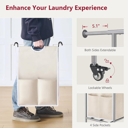Tajsoon Laundry Hamper with Hanging Rack, 3 Section Laundry Sorter with Heavy Duty Lockable Wheels