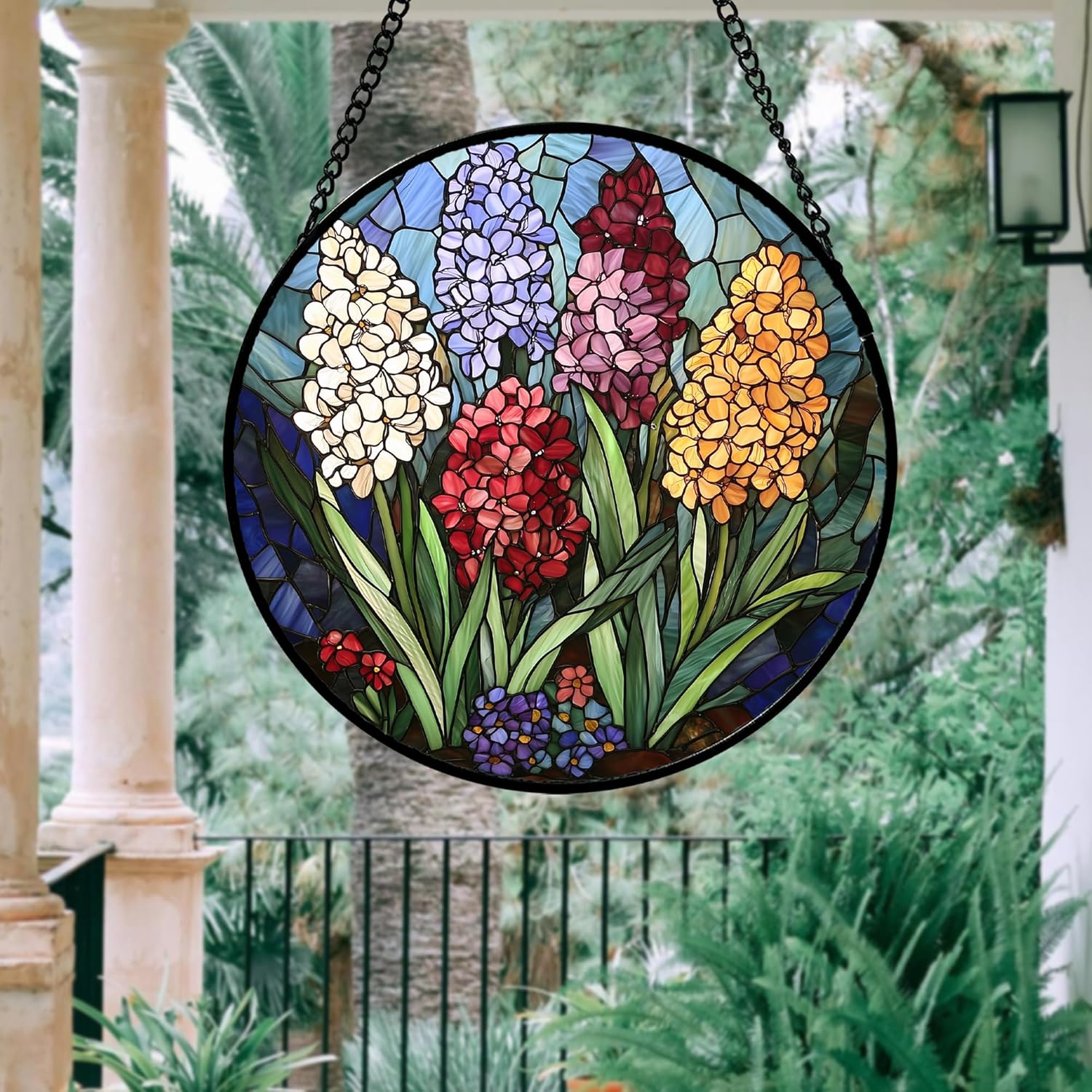 Stained Glass Window Hanging, Colorful Hyacinth Flowers Suncatcher for Doors Window Home Plant Sun