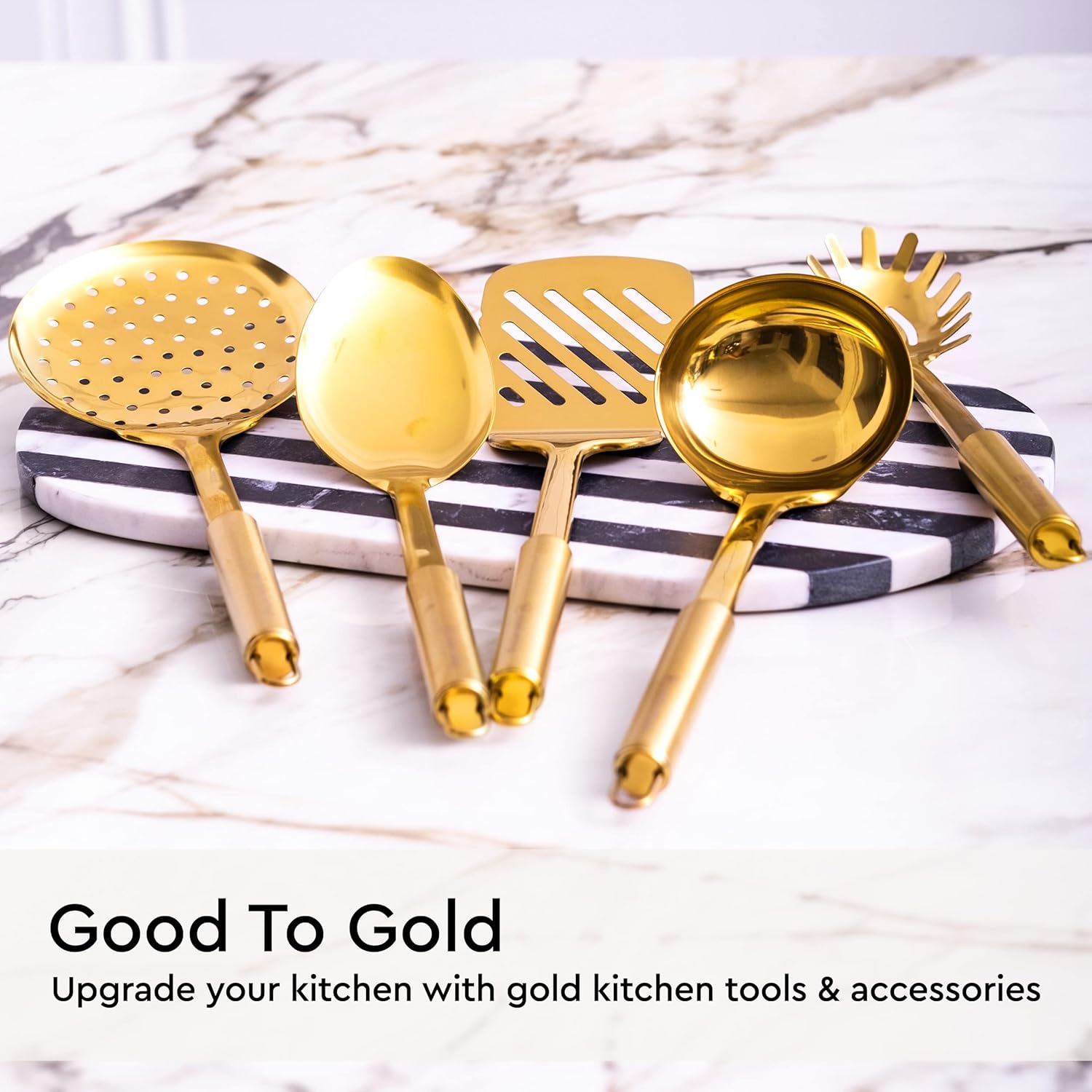 Gold Cooking Utensils Set – 5-Piece Stainless Steel Kitchen Tools for Modern Cooking and Serving