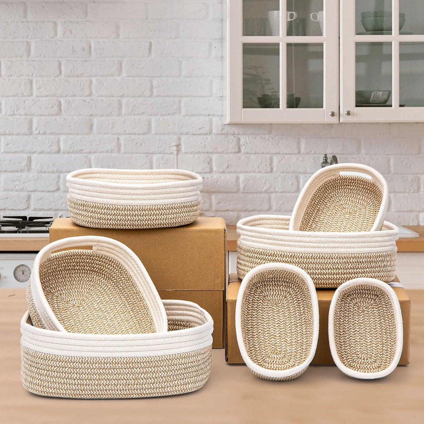 7 Piece Cotton Rope Woven Basket Set - Small Basket for Baby Nursery, Pets, Montessori, Dog & Cat