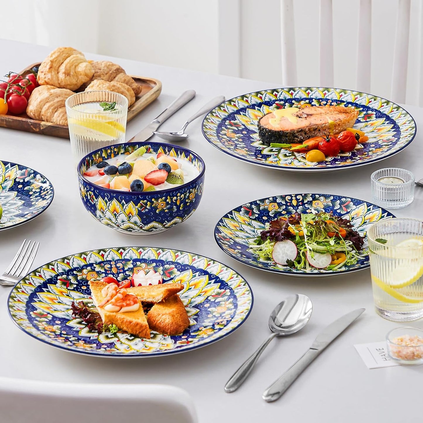vancasso 12 Pieces Dinnerware Sets, Blue Plates and Bowls Set, Porcelain Dishes Set for 4