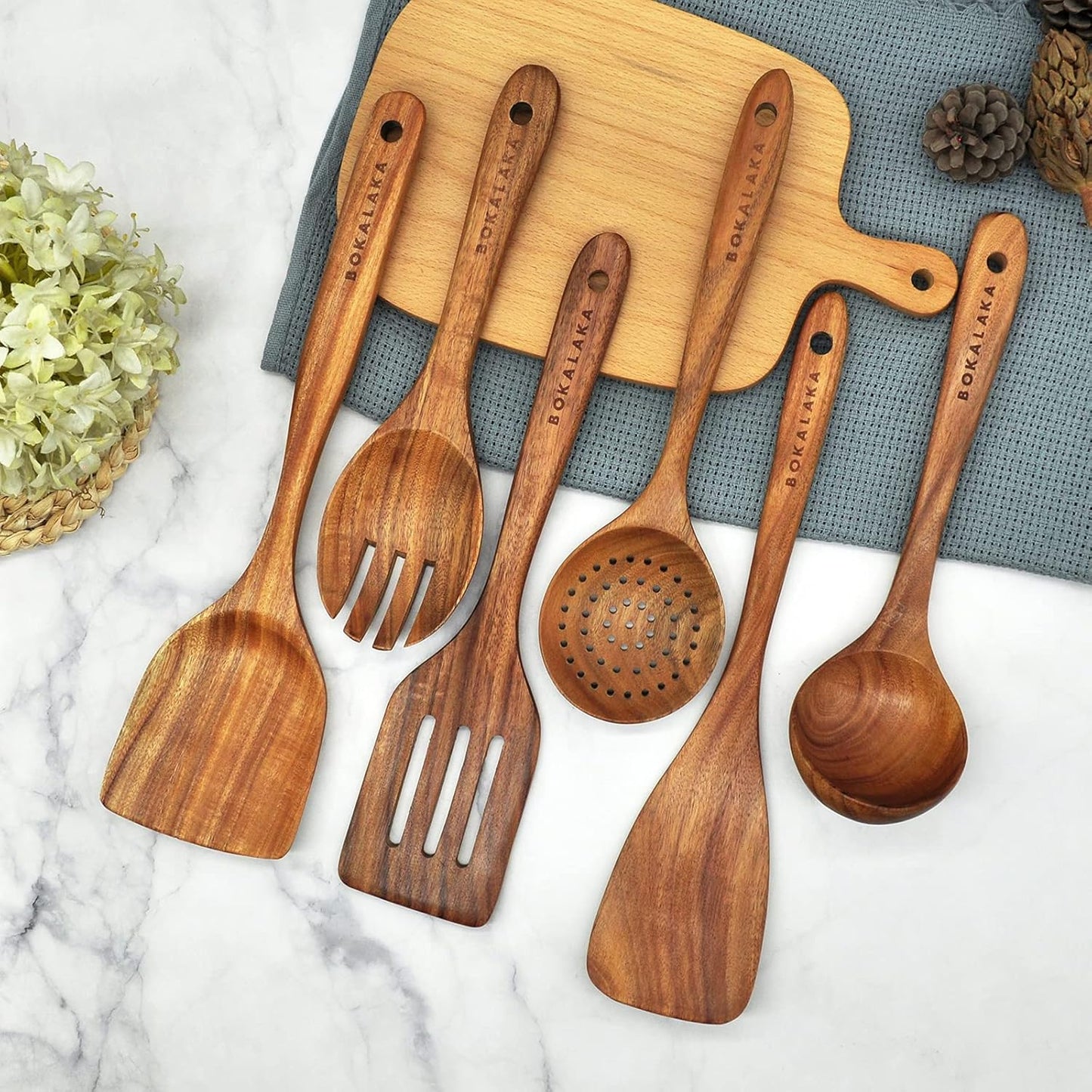 GreyWooden Kitchen Utensil Set, 6Pcs Wooden Cooking Utensils for Non-Stick Pan, 100% Natural Teak
