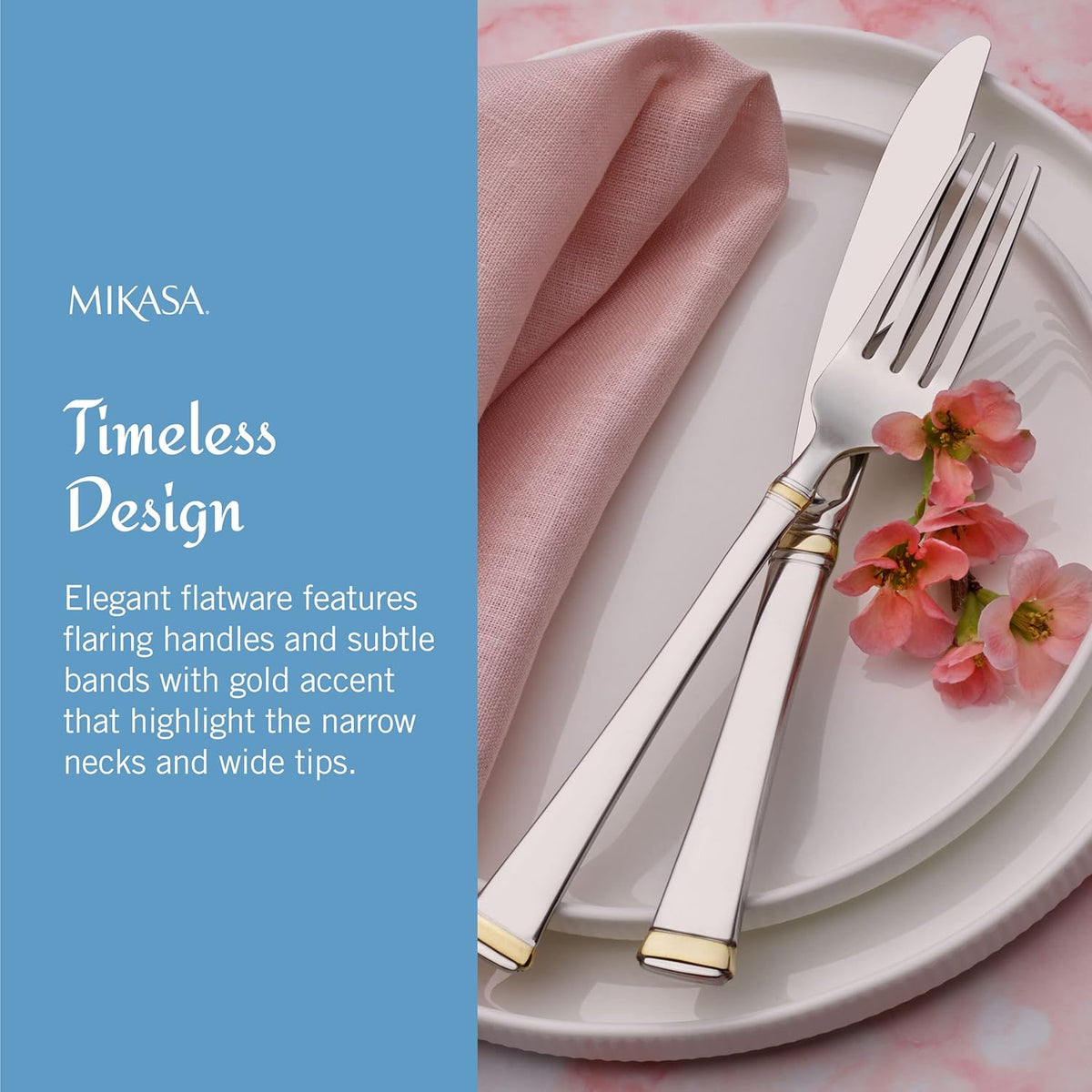 Mikasa Gold Accent Harmony Flatware Set for 12, 65 Piece 18/10 Stainless Steel Silverware with