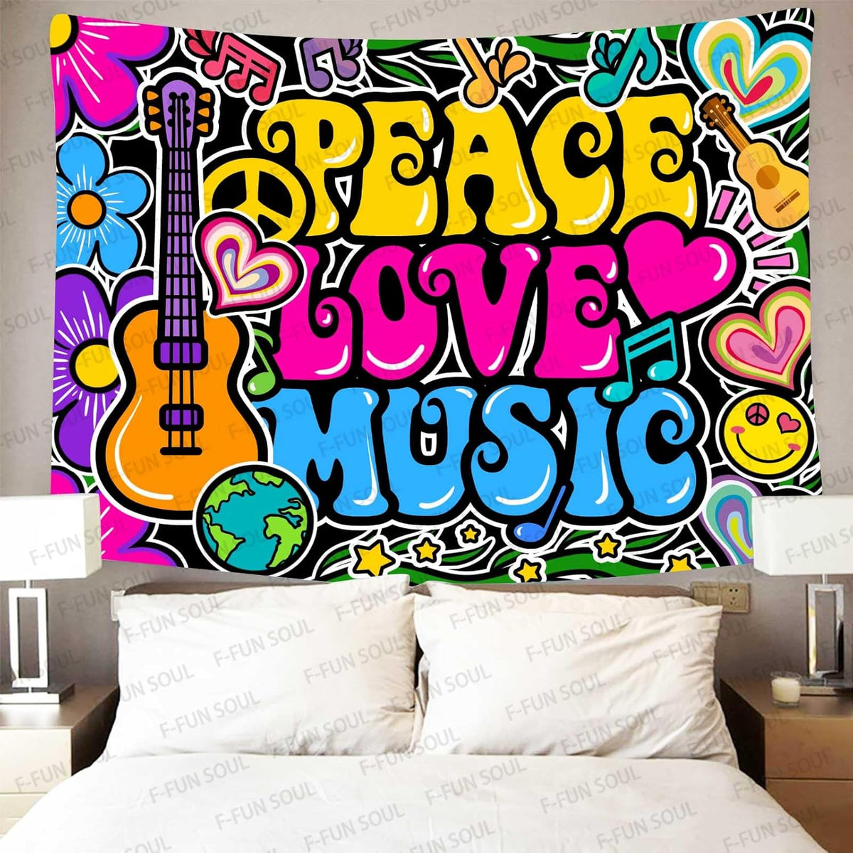 F-FUN SOUL Peace Love and Music Tapestry, 40x30inches Soft Flannel, Guitar Symbol Dove Flowers