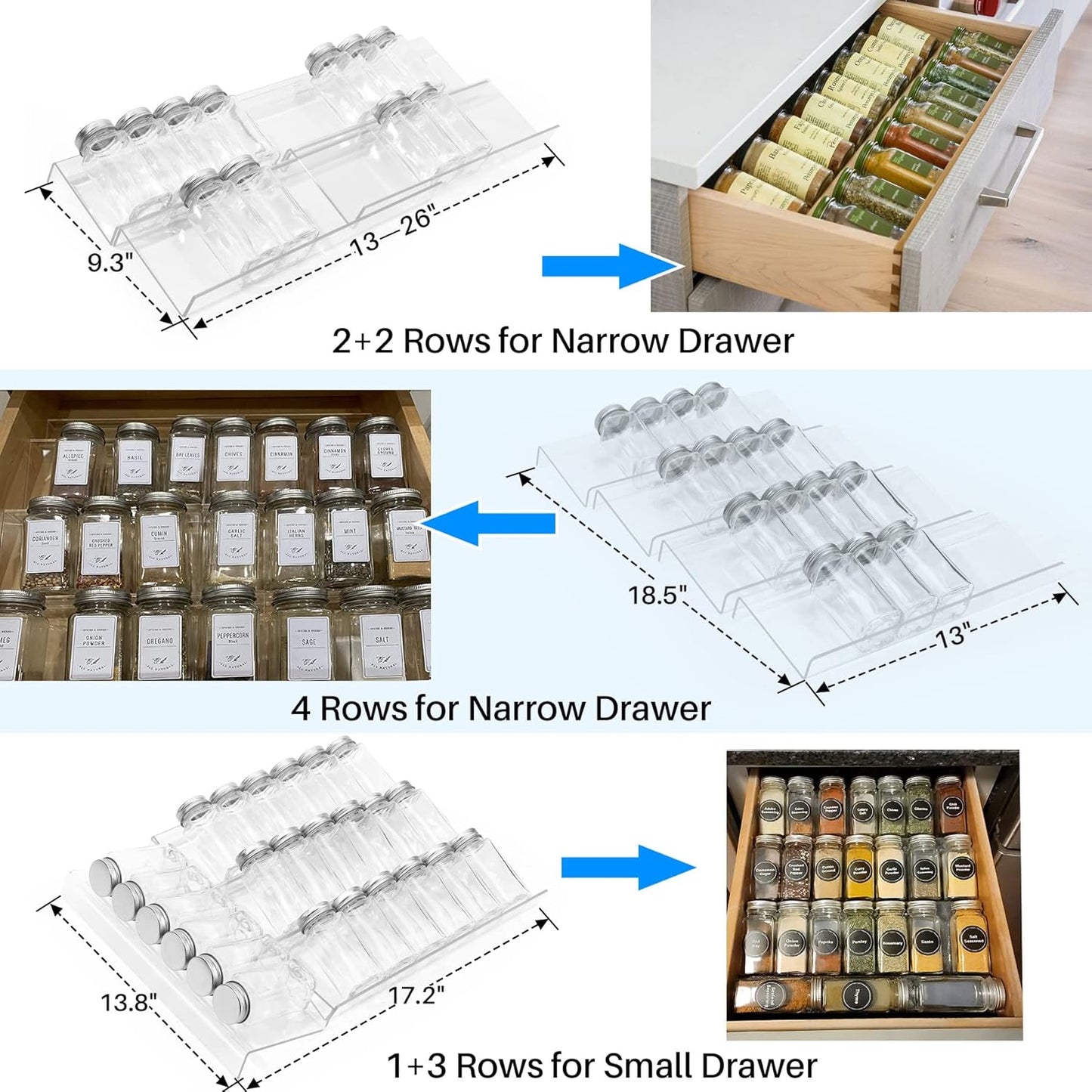 Antimbee Spice Drawer Organizer, 4 Tier- 4 Pack Acrylic Spice Rack Tray for Drawer, Expandable From