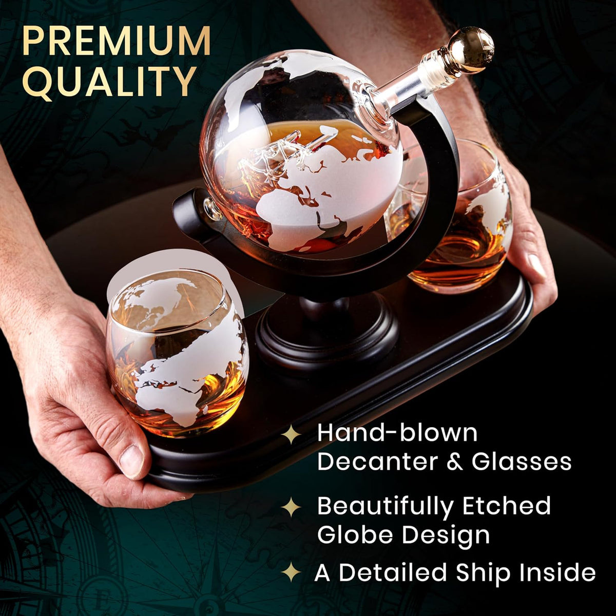 Globe Whiskey Decanter Gift Set by Royal Reserve | Etched World Map Globe Decanter 29 oz 850 ml