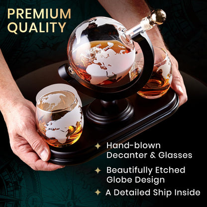 Globe Whiskey Decanter Gift Set by Royal Reserve | Etched World Map Globe Decanter 29 oz 850 ml