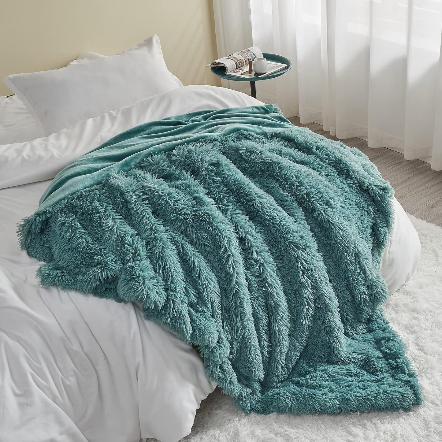 GONAAP Fuzzy Faux Fur Throw Blanket Light Teal Super Soft Cozy Plush Fuzzy Shaggy Blanket for Couch